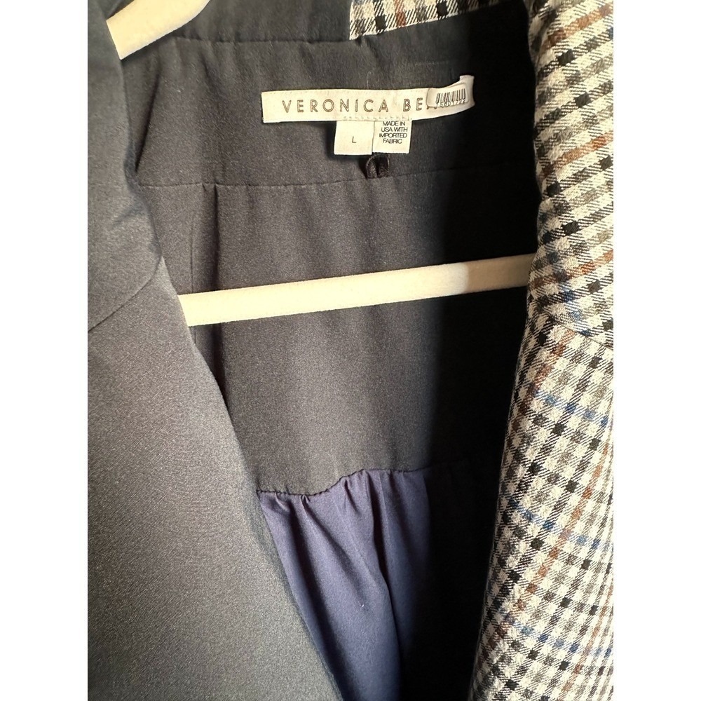 Veronica Beard Plaid Mixed Media Belted Jacket Navy Large Double Breasted - Picture 8 of 11
